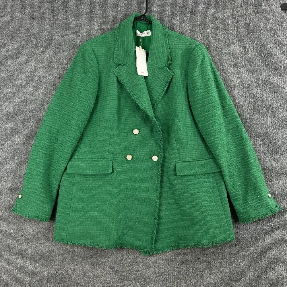 Mango Blazer XXL Tweed Double Breasted Fringe Green Office Work Meetings Retro - Picture 4 of 16